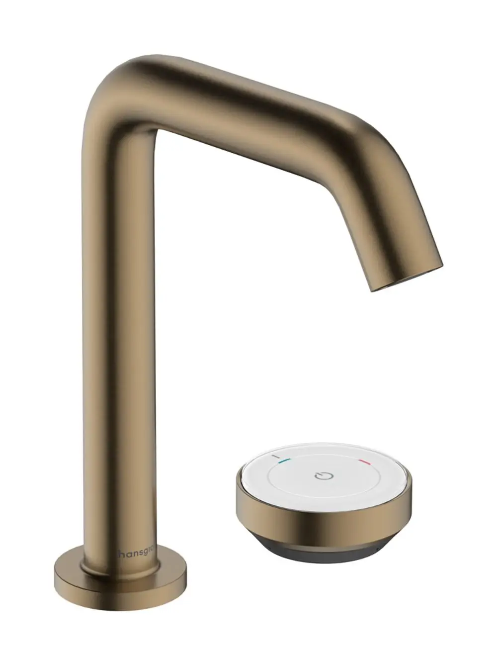 Waschtischmischer von Hansgrohe in gebürstetem Bronze mit einem hohen, gebogenen Auslauf und separatem Bedienelement zur Temperaturregelung.